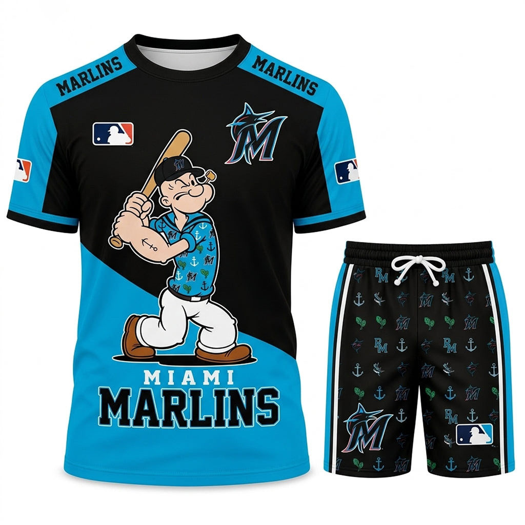 Miami Marlins X Popeye The Sailor T-Shirt And Shorts Set Miami Marlins Merch Baseball Fan Gear