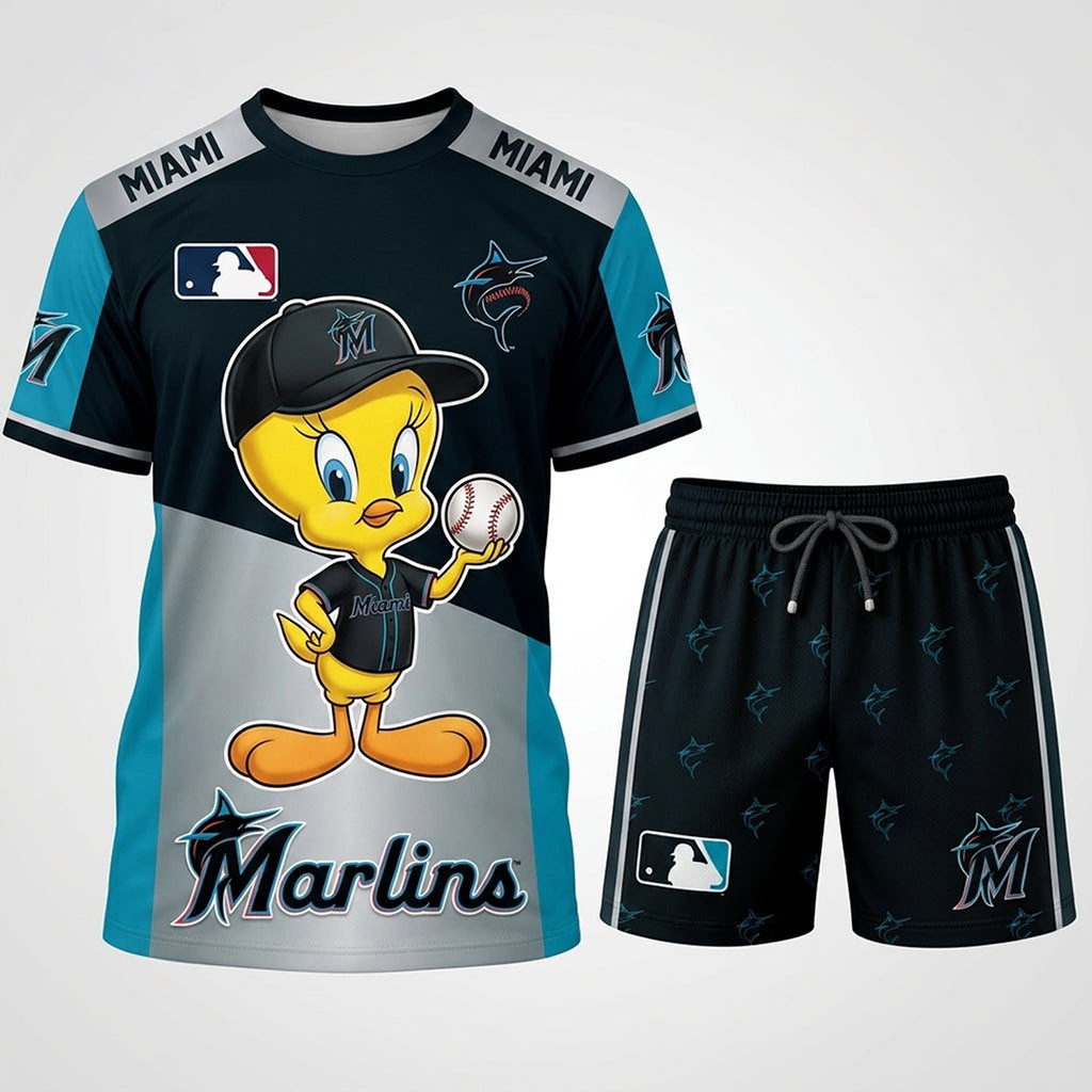 Miami Marlins X Tweety Looney Tunes Shirt And Shorts Set Miami Marlins Merch Baseball Fan Gear