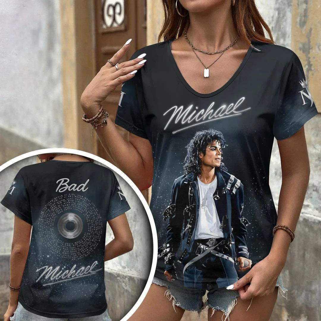 Michael Jackson Bad V-Neck T-Shirt King Of Pop Michael Jackson Merch Music Fan Gifts
