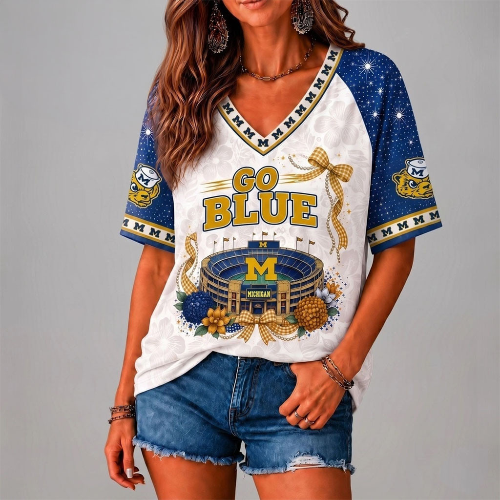 Michigan Wolverines Floral Stadium Bow V-Neck Shirt Go Blue Shirt Wolverines Merch Fan Gifts
