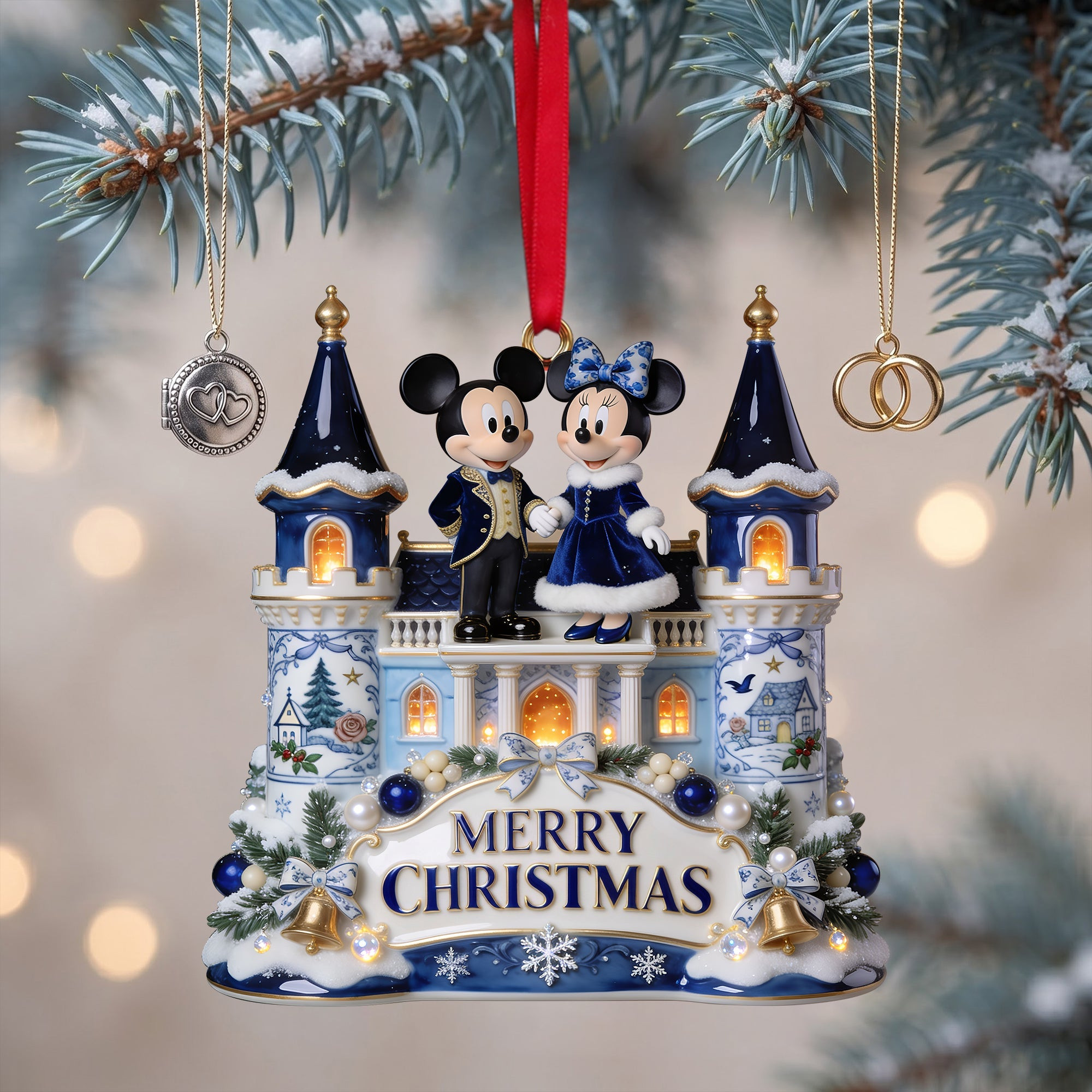 Mickey And Minnie Mouse Merry Christmas Ornament Castle Holiday Decor Gifts For Fans