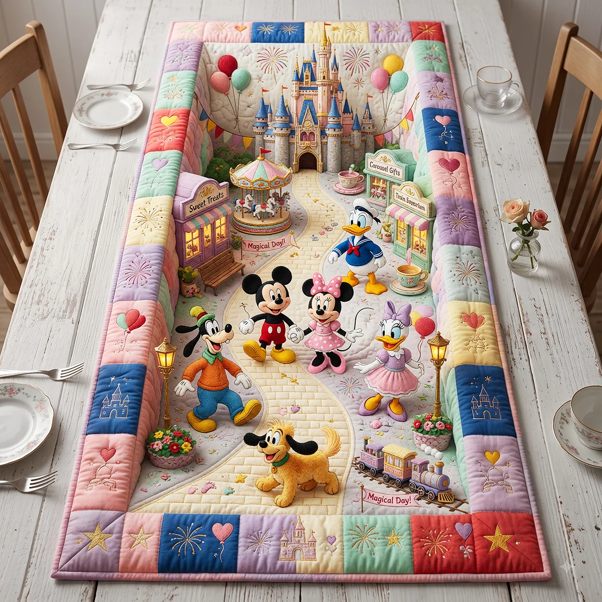 Mickey Mouse And Friends Magical Family Adventure Quilt Table Runner Cute Home Decor Ideas