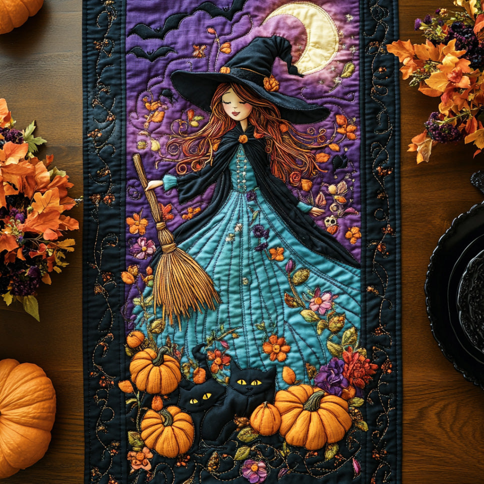 Midnight Charm Quilted Table Runner Scary Halloween Table Black Cat Themed Gifts