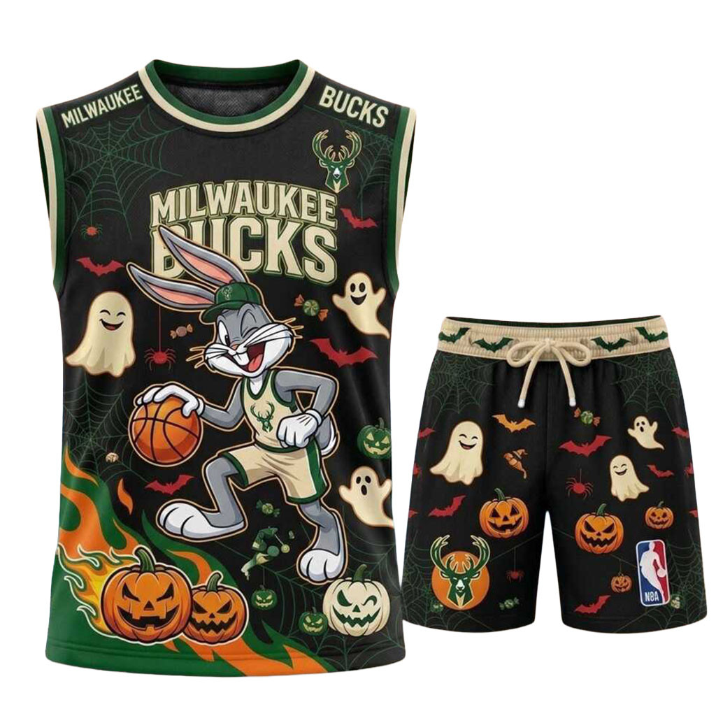Milwaukee Bucks Bugs Bunny Halloween Basketball Muscle Tank And Shorts Bucks Merch Gift For Fan Milwaukee Bucks Bugs Bunny Halloween Basketball Muscle Tank And Shorts Bucks Merch Gift For Fan