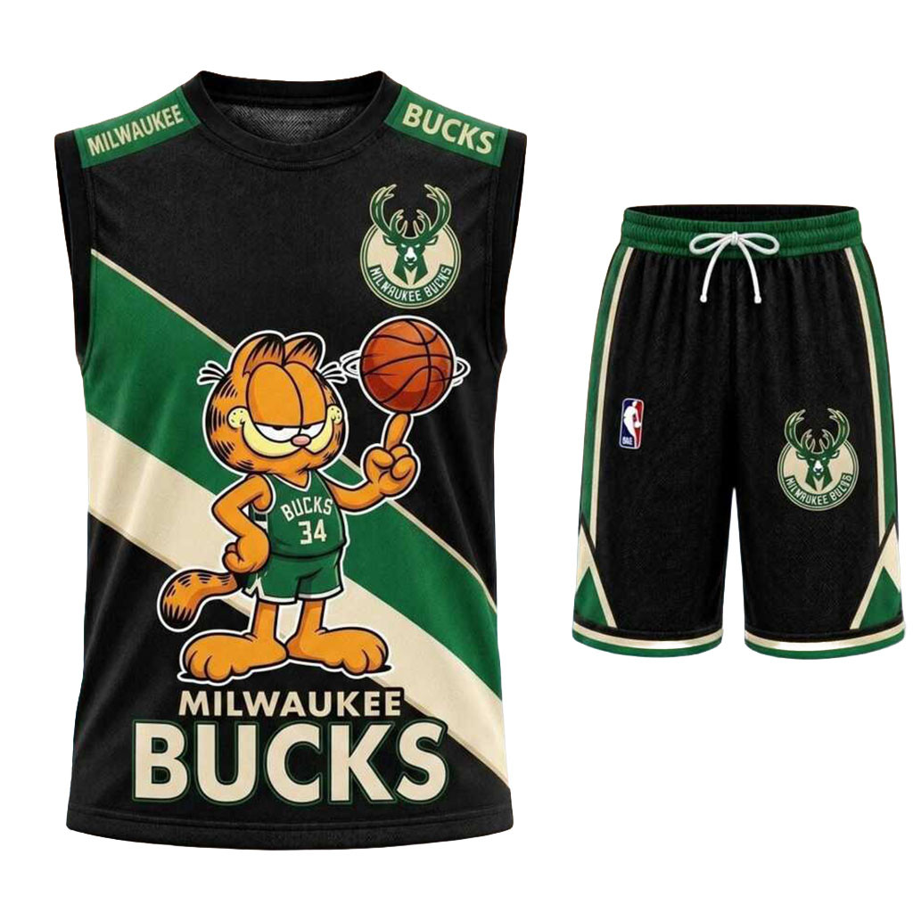 Milwaukee Bucks Garfield Halloween Basketball Muscle Tank And Shorts Bucks Merchandise