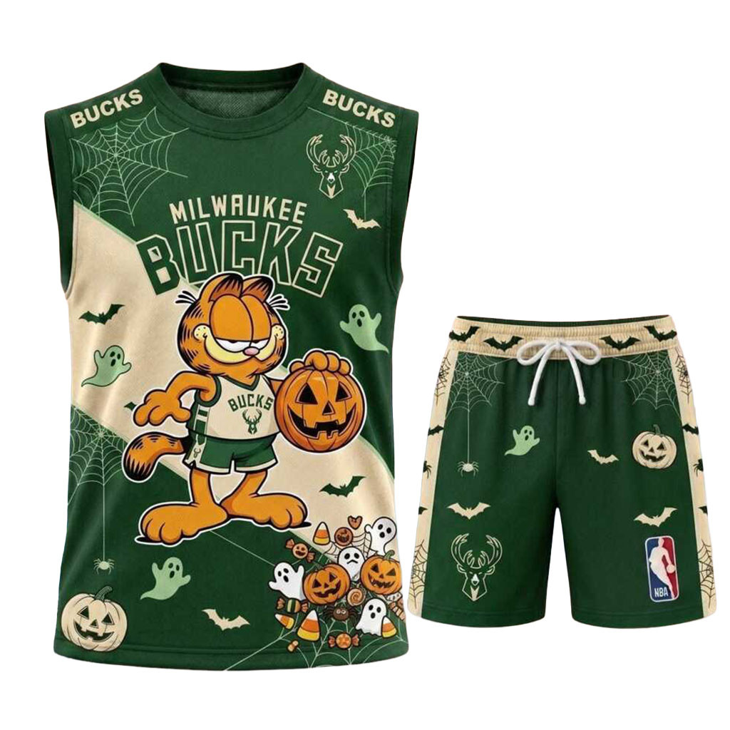 Milwaukee Bucks Garfield Halloween Basketball Muscle Tank And Shorts Milwaukee Bucks Merch Milwaukee Bucks Garfield Halloween Basketball Muscle Tank And Shorts Milwaukee Bucks Merch