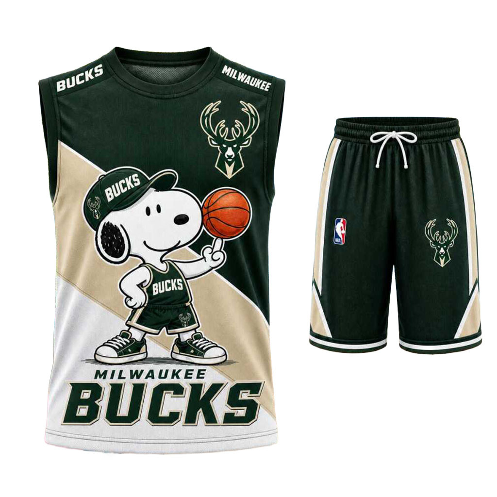 Milwaukee Bucks Snoopy Mascot Tank Top And Shorts Set Milwaukee Bucks Merch Gift For Fans
