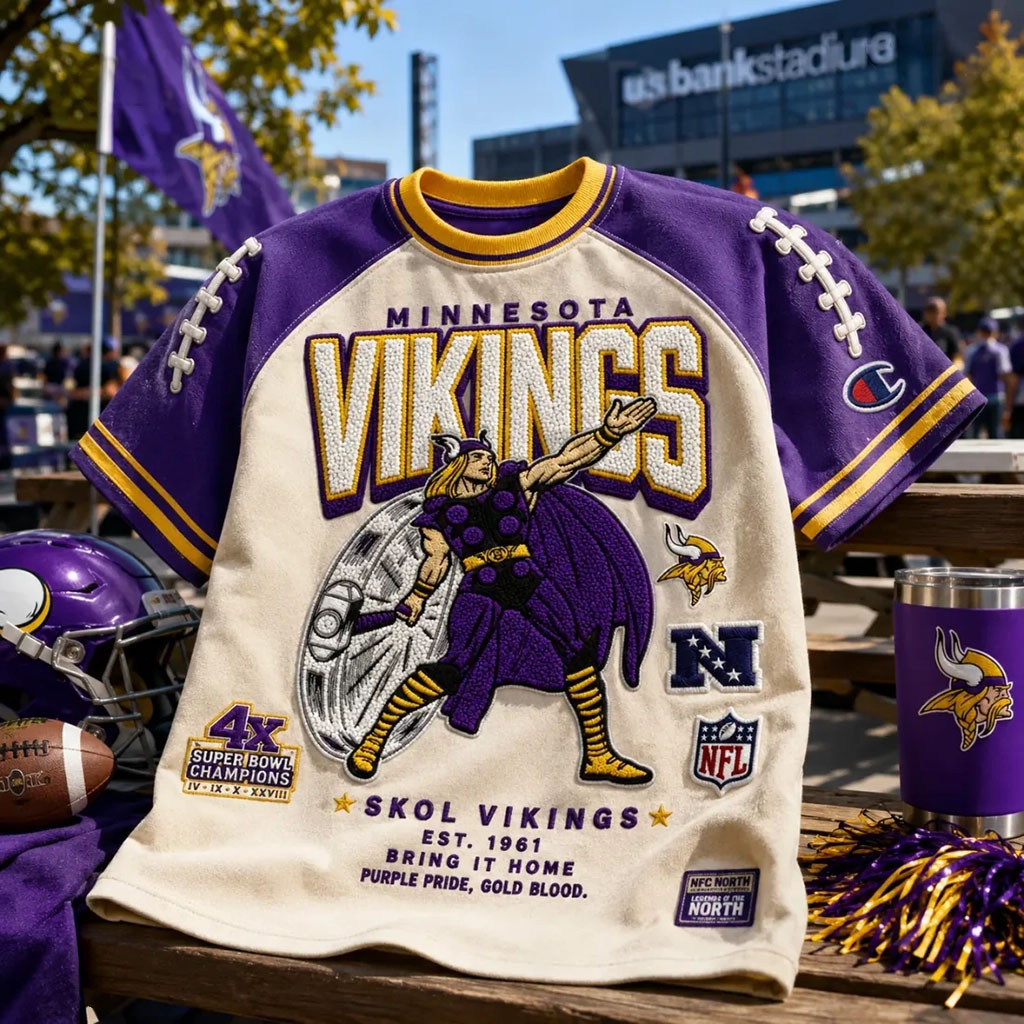 Minnesota Vikings Embroidered Mascot Champion Shirt Vikings Merch Gifts For Football Fan Minnesota Vikings Embroidered Mascot Champion Shirt Vikings Merch Gifts For Football Fan