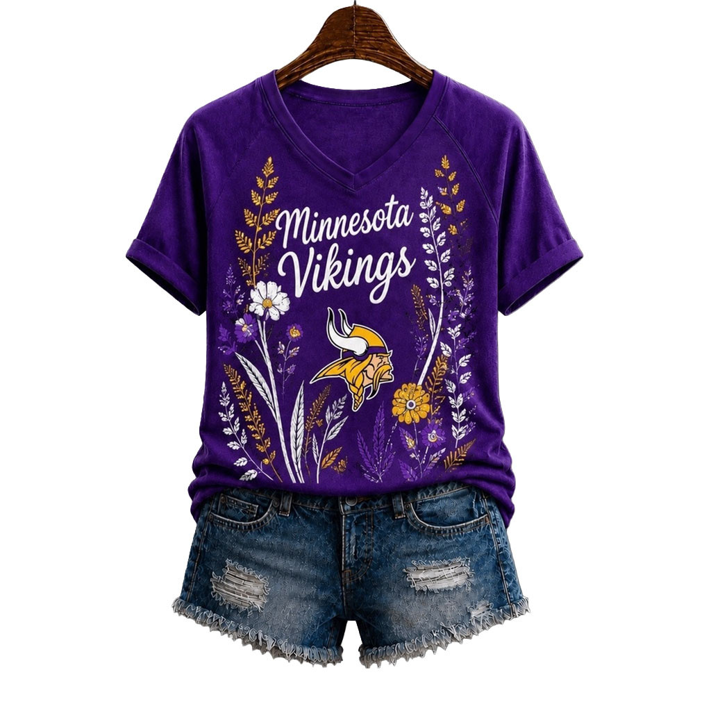 Minnesota Vikings Floral Garden V-Neck T-Shirt Vikings Merch Presents For Football Fans