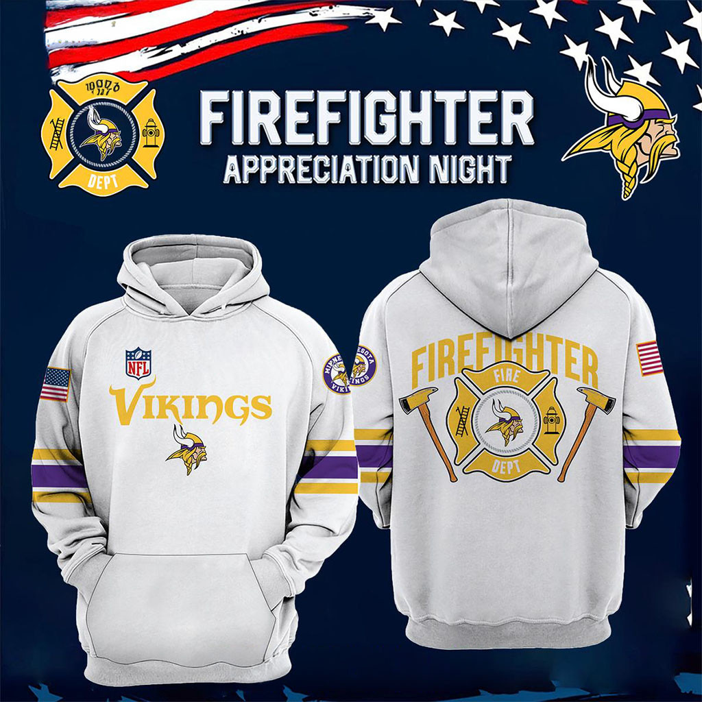 Minnesota Vikings x 2026 Firefighter Appreciation Night All White Hoodie Vikings Merch Gifts
