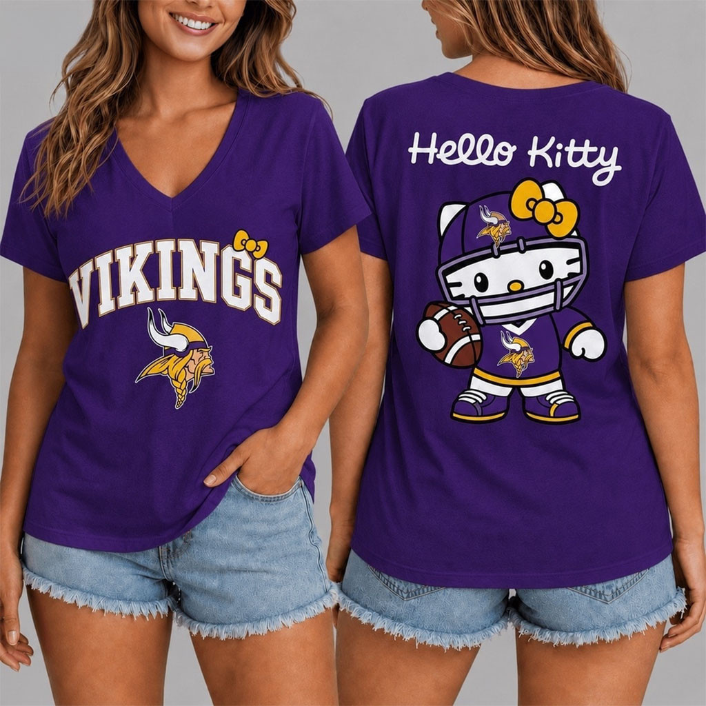Minnesota Vikings X Hello Kitty V-Neck Shirt Game Day Women's Apparel MN Vikings Merch Minnesota Vikings X Hello Kitty V-Neck Shirt Game Day Women's Apparel MN Vikings Merch