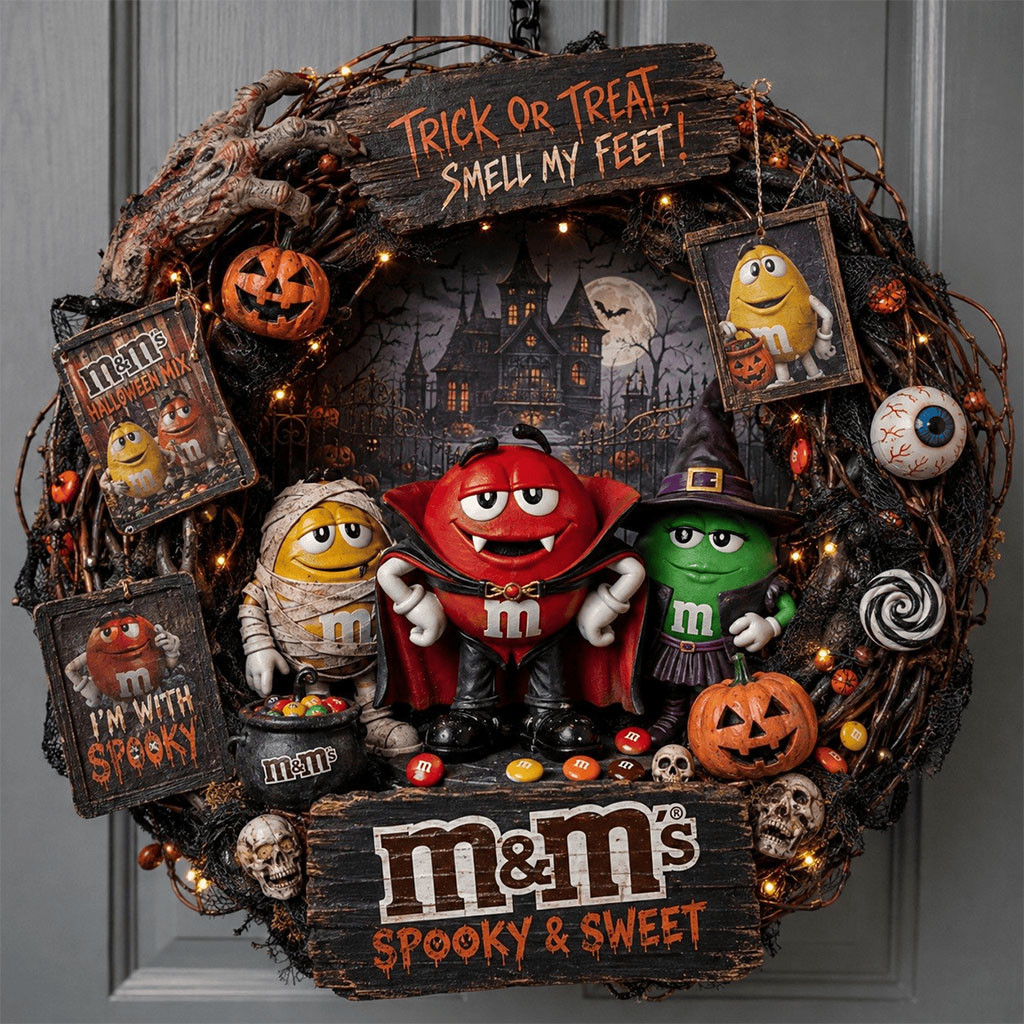 M&M's Halloween Door Sign Trick Or Treat Smell My Feet Wreath Chocolate Candy Lover Decor