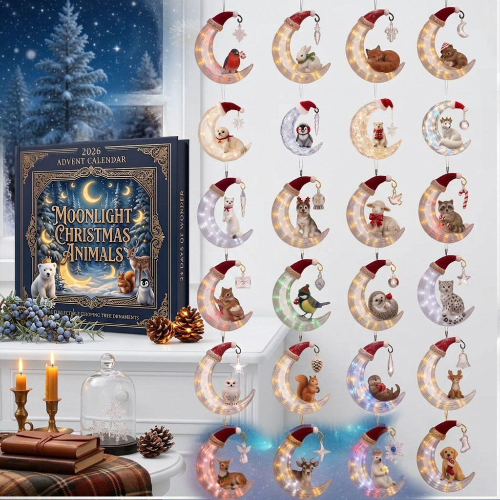 Moonlight Christmas Animals Advent Calendar 2026 24-Day Crescent Moon Animal Xmas Ornaments