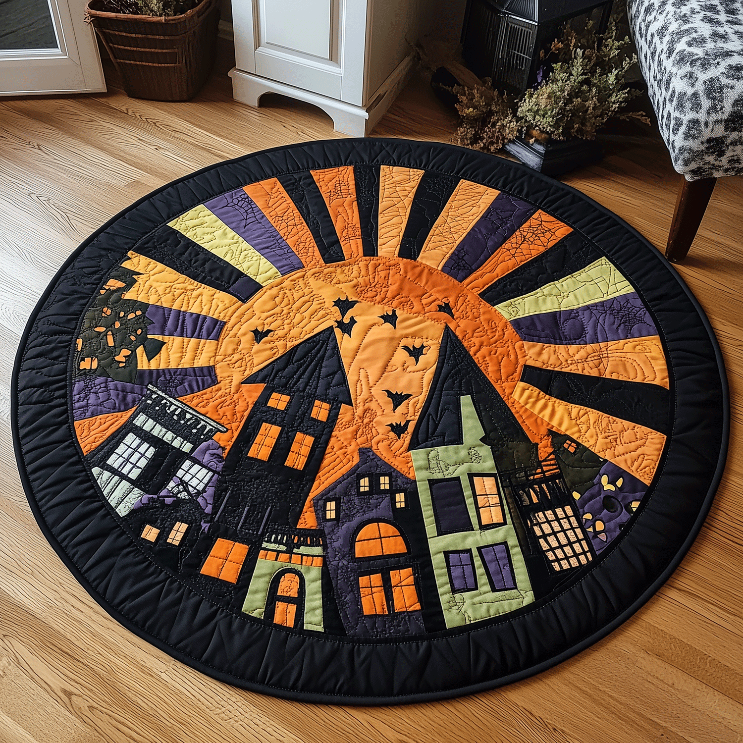 Moonlit Haunted Town Quilted Round Mat Round Area Rugs For Living Room Cool Halloween Gifts