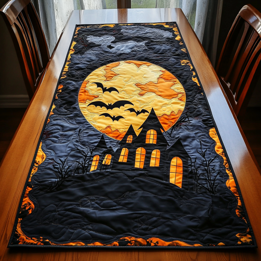 Moonlit House Quilted Table Runner Spooky Dinner Table Family Halloween Gifts