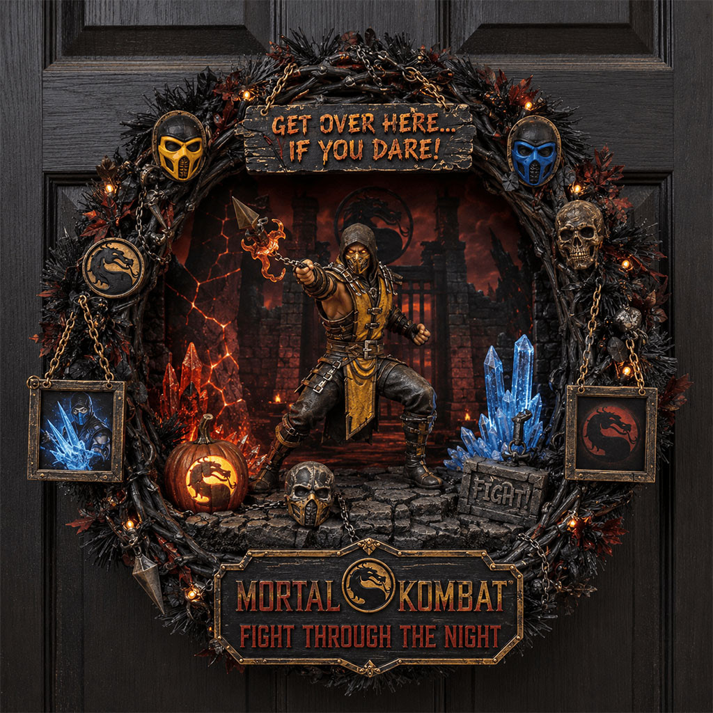Mortal Kombat Fight Through The Night Door Sign Halloween Wreath Mortal Kombat Merch Home Decor Mortal Kombat Fight Through The Night Door Sign Halloween Wreath Mortal Kombat Merch Home Decor
