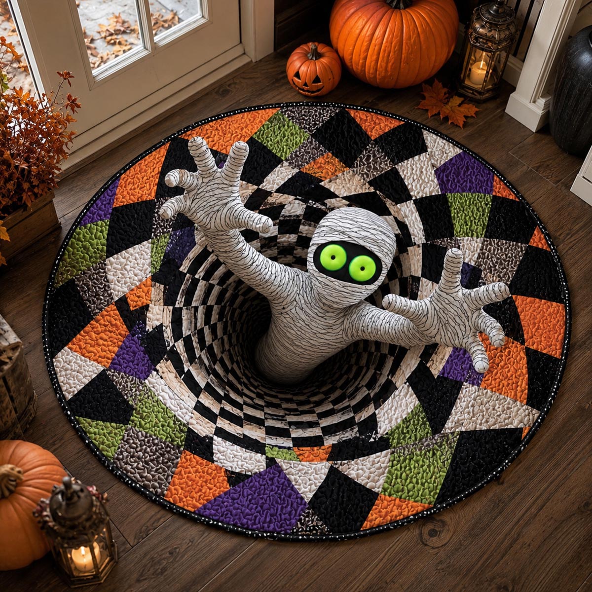 Mummy Escape Quilted Round Mat Modern Living Room Unique Halloween Gifts