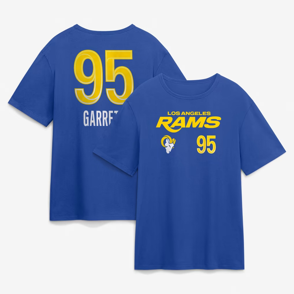 Myles Garrett T-Shirt Los Angeles Rams Merch #95 LA Rams Touchdown Wordmark Name And Number Tee Myles Garrett T-Shirt Los Angeles Rams Merch #95 LA Rams Touchdown Wordmark Name And Number Tee