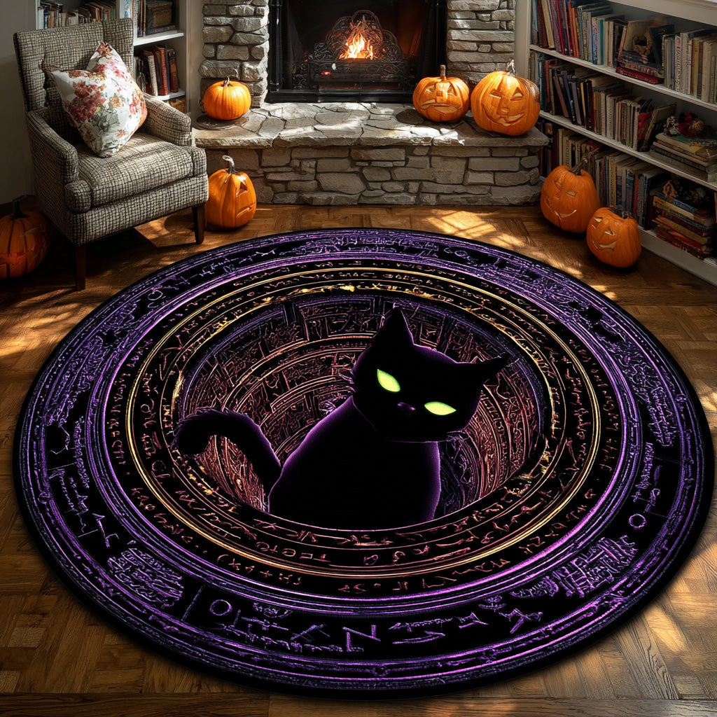 Mystic Cat Quilted Round Mat Halloween Living Room Decor Black Cat Presents