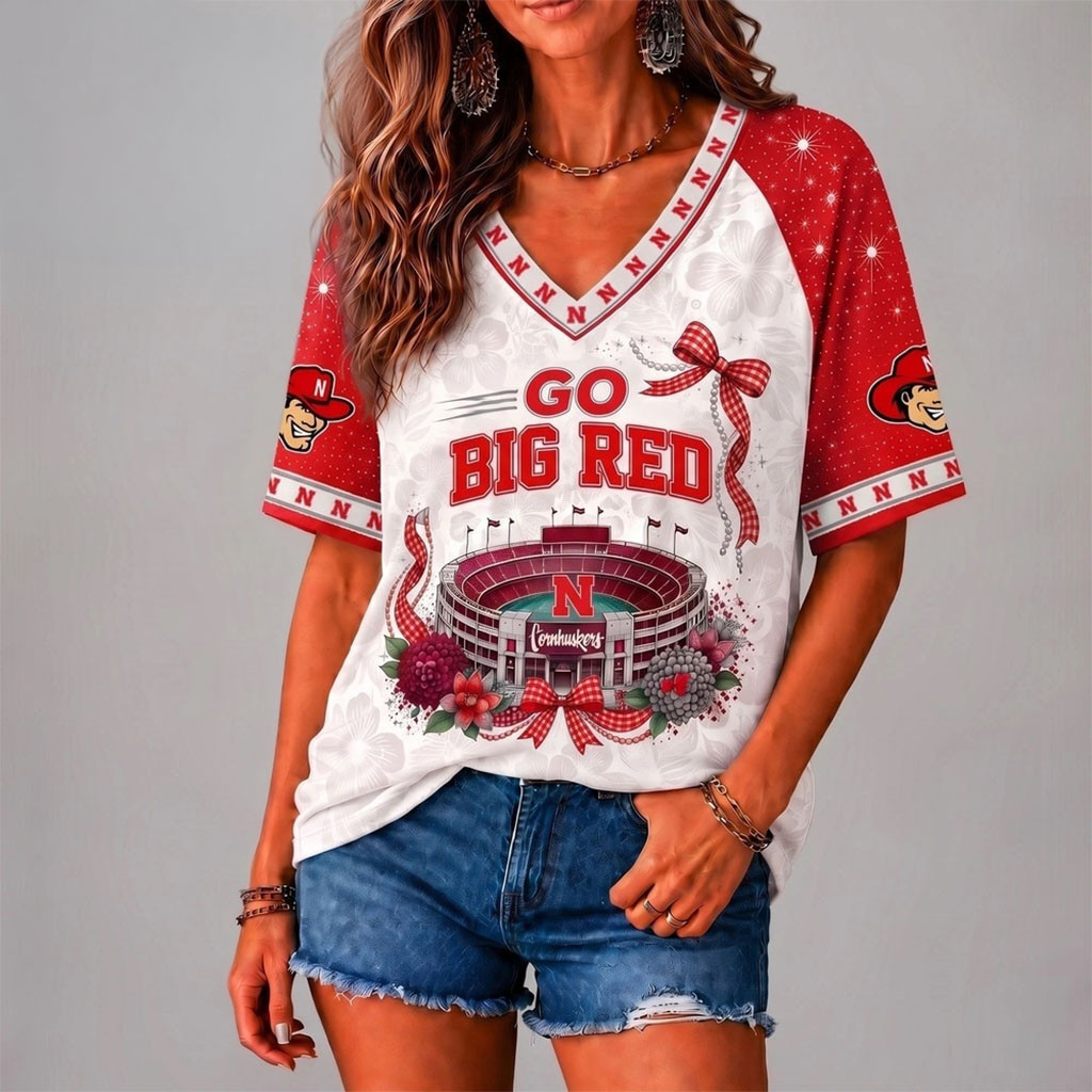 Nebraska Cornhuskers Floral Stadium Bow V-Neck Shirt Go Big Red Shirt Cornhuskers Merch Gifts