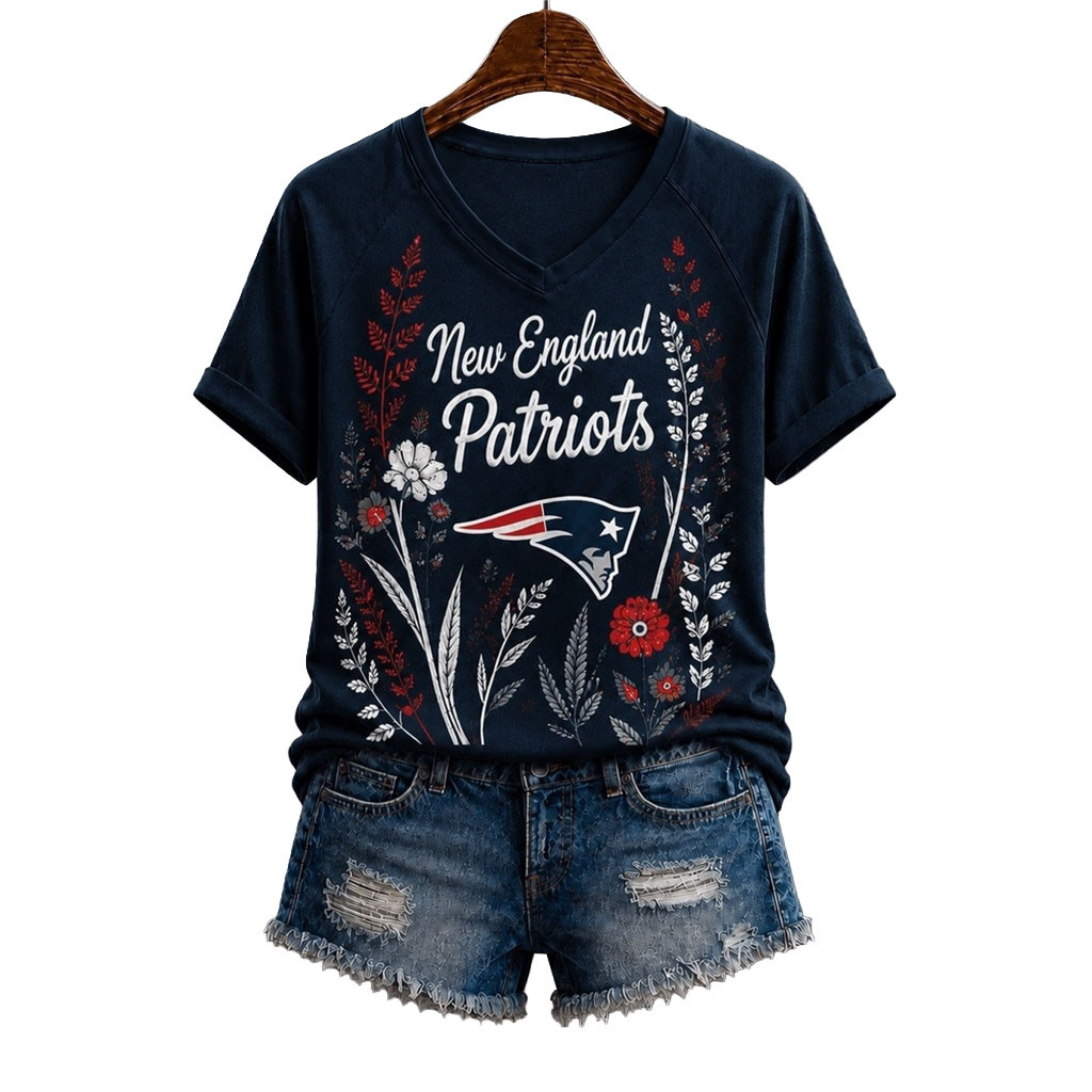 New England Patriots Floral Garden V-Neck T-Shirt Patriots Merch Presents For Football Fans