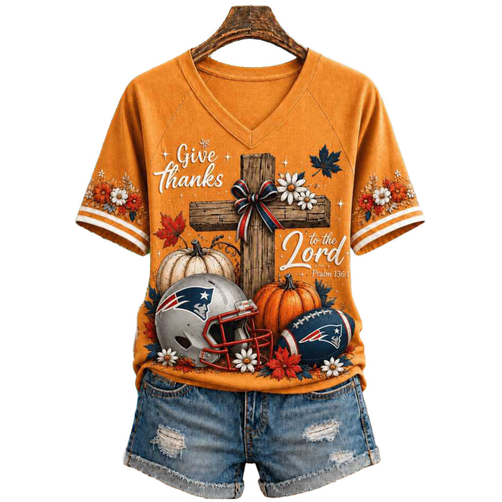 New England Patriots Football Pumpkin Cross Give Thanks V-Neck Shirt NE Patriots Merch Gifts New England Patriots Football Pumpkin Cross Give Thanks V-Neck Shirt NE Patriots Merch Gifts