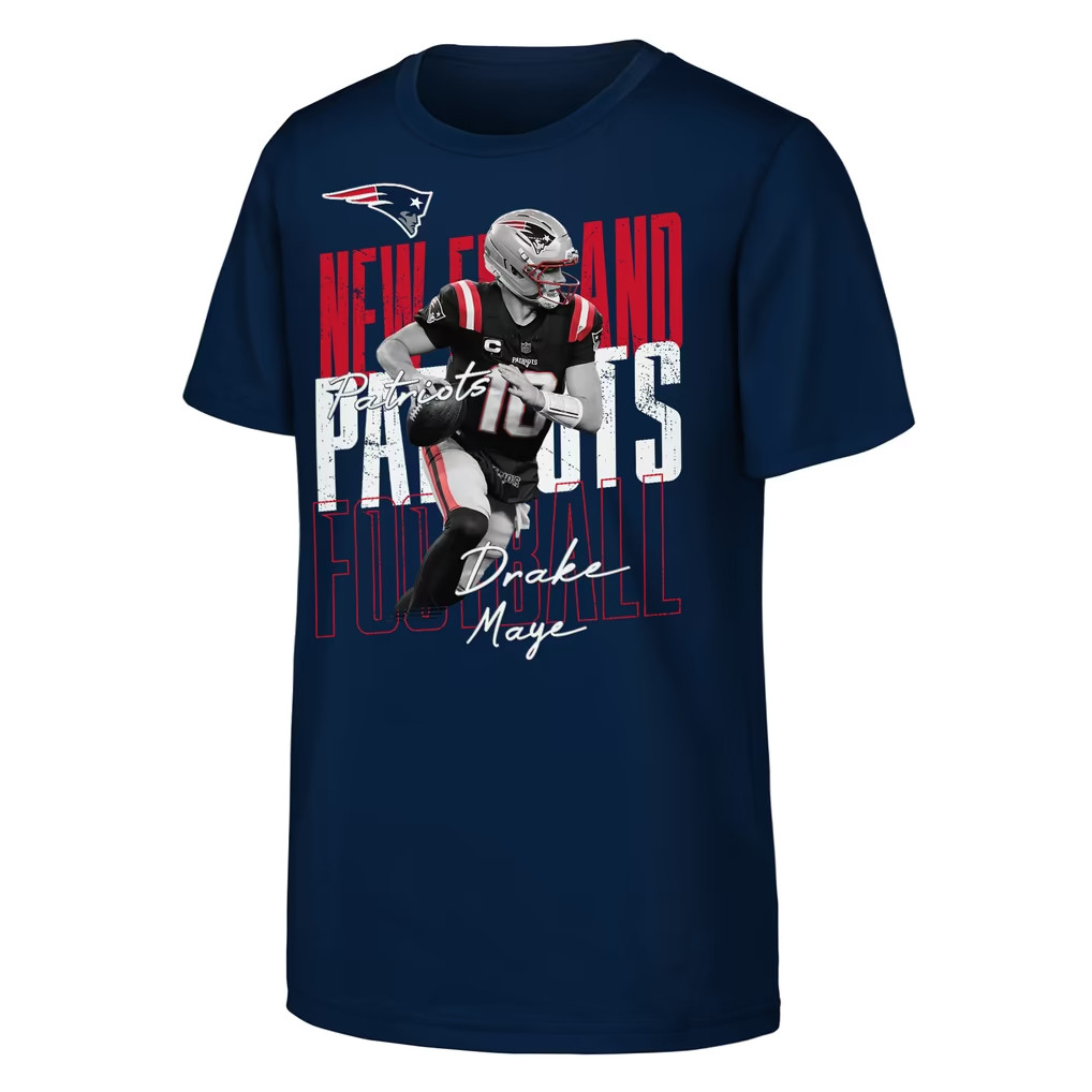 New England Patriots Merch 2026 Drake Maye NE Patriots Legendary Player Card T-Shirt Navy