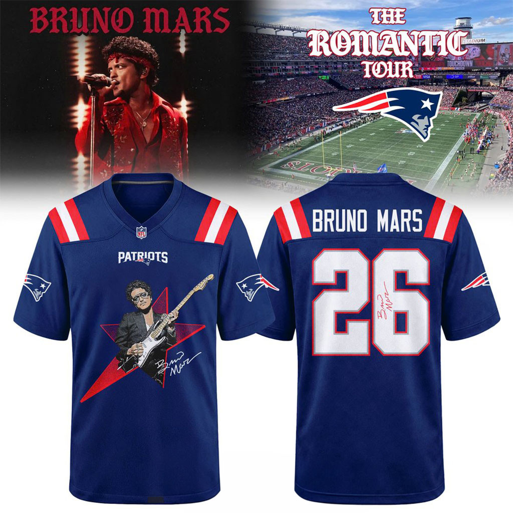New England Patriots x Bruno Mars Merch The Romantic Tour 2026 Football Jersey Fans Gifts