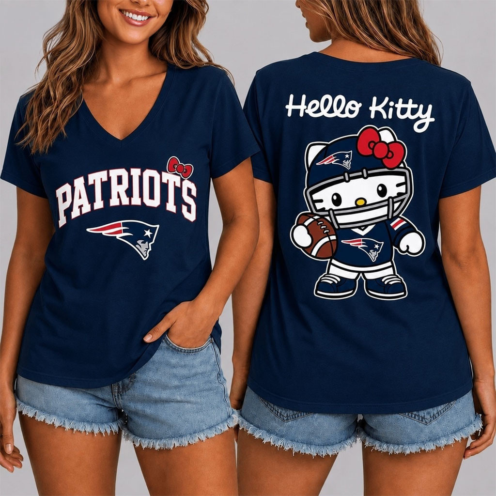 New England Patriots X Hello Kitty V-Neck Shirt Game Day Shirts NE Patriots Merch Fan Gifts