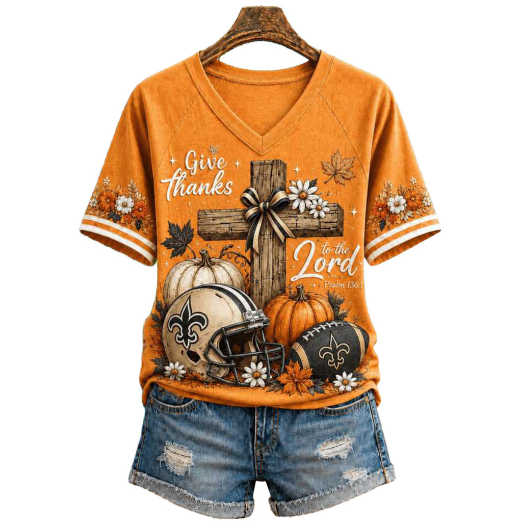 New Orleans Football Cross Pumpkin Give Thanks To The Lord V-Neck Shirt NO Saints Merch