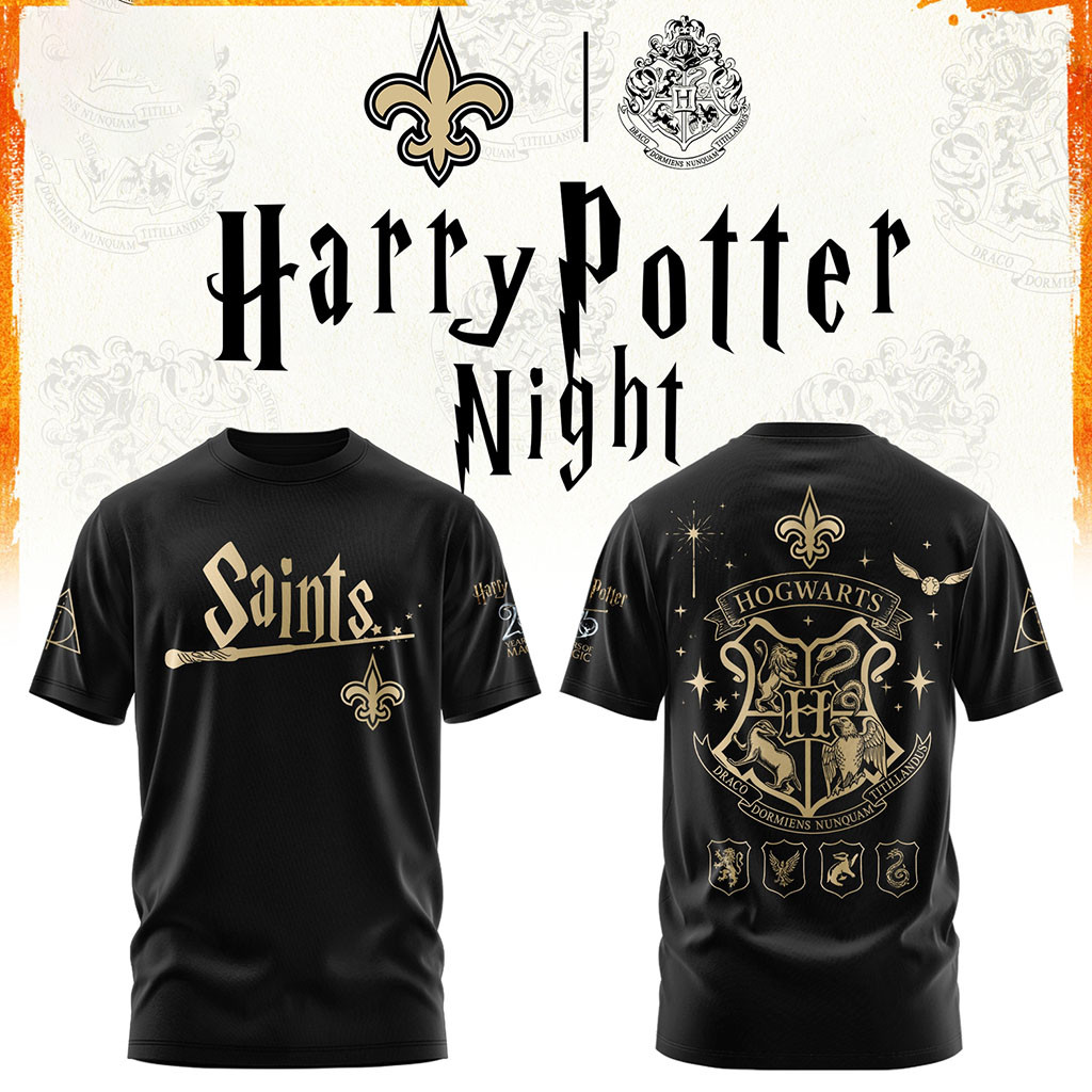 New Orleans Saints Football Harry Potter 25th Anniversary T-Shirt 2026 NO Saints Merch Black New Orleans Saints Football Harry Potter 25th Anniversary T-Shirt 2026 NO Saints Merch Black