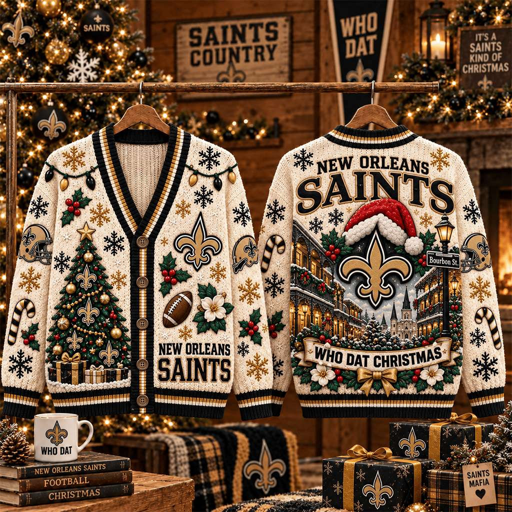 New Orleans Saints Merch Who Dat Christmas Cardigan Cute Game Day Attire Best Football Gifts