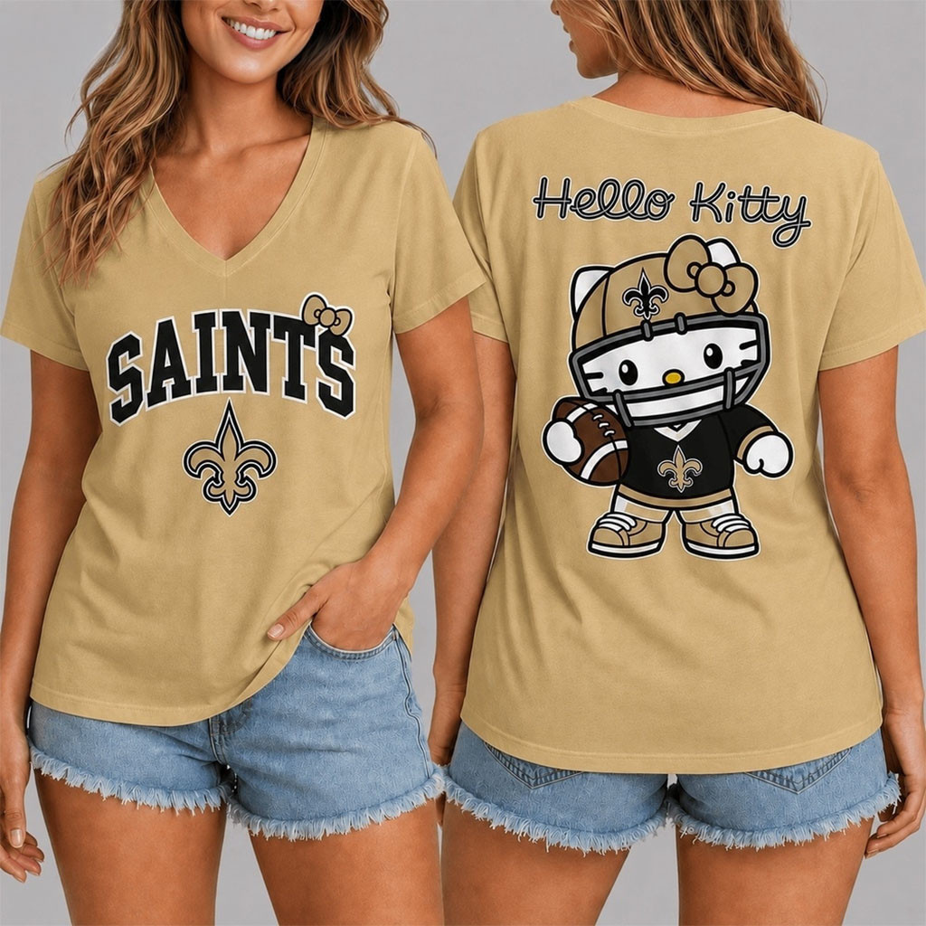 New Orleans Saints X Hello Kitty V-Neck Shirt NO Saints Merch Presents For Football Fans New Orleans Saints X Hello Kitty V-Neck Shirt NO Saints Merch Presents For Football Fans