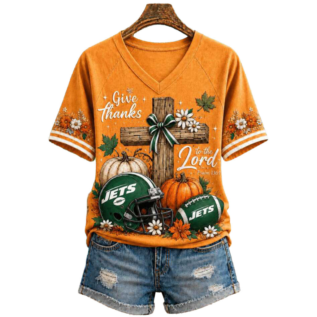 New York Football Cross Pumpkin Give Thanks To The Lord V-Neck Shirt NY Jets Merch Women's