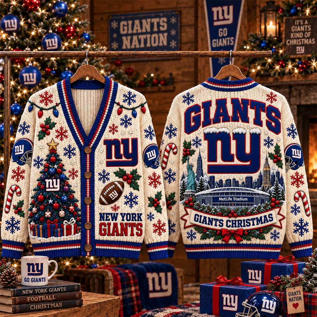 New York Giants Christmas Cardigan Cute Game Day Outfit NY Giants Merch Gift For Football Fans New York Giants Christmas Cardigan Cute Game Day Outfit NY Giants Merch Gift For Football Fans