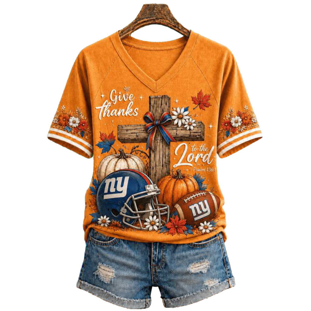 New York Giants Cross Pumpkin Give Thanks To The Lord V-Neck Shirt NY Giants Merch Fan Gifts
