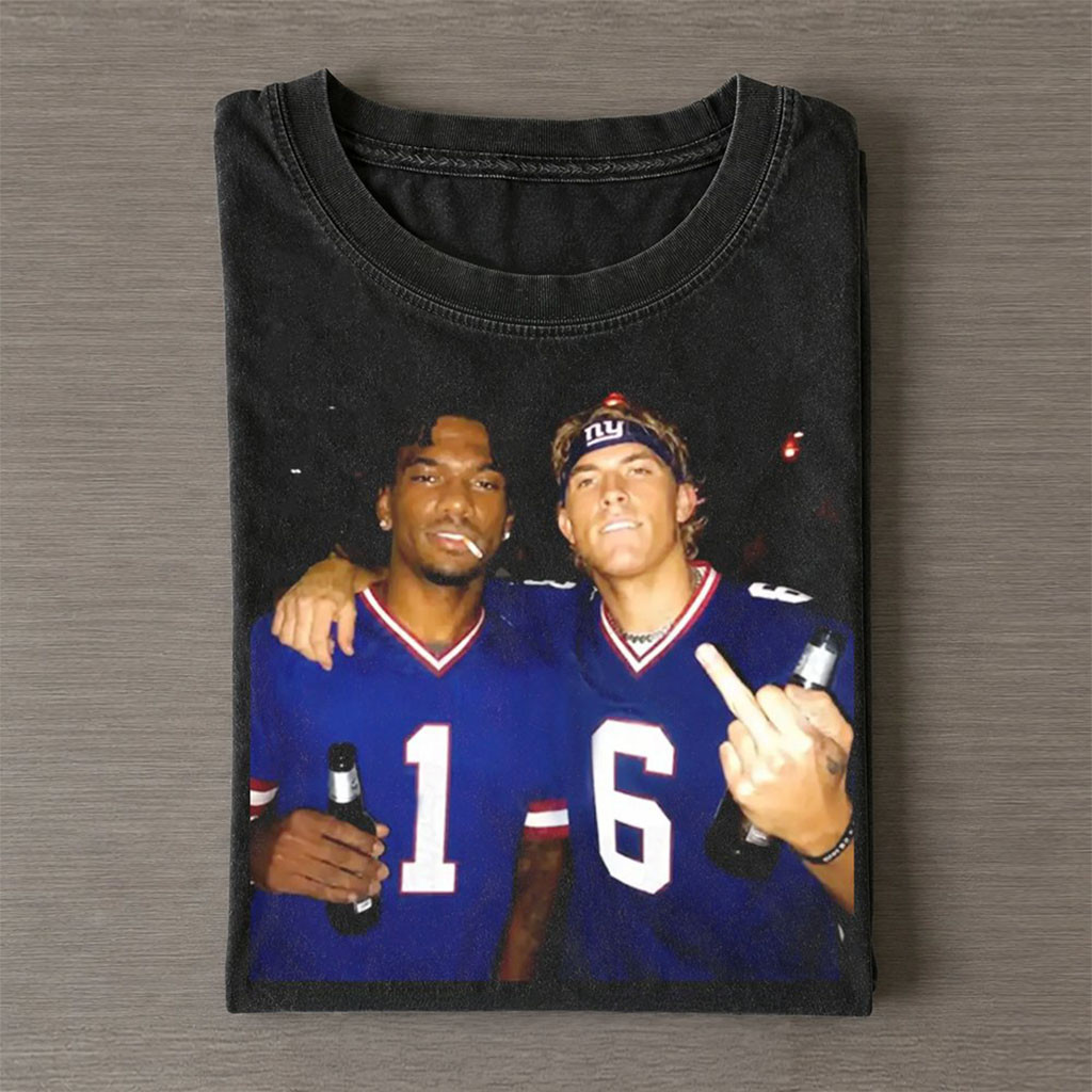 New York Giants Merch Malik Nabers And Russell Wilson Drinking And Middle Finger Wash T-Shirt