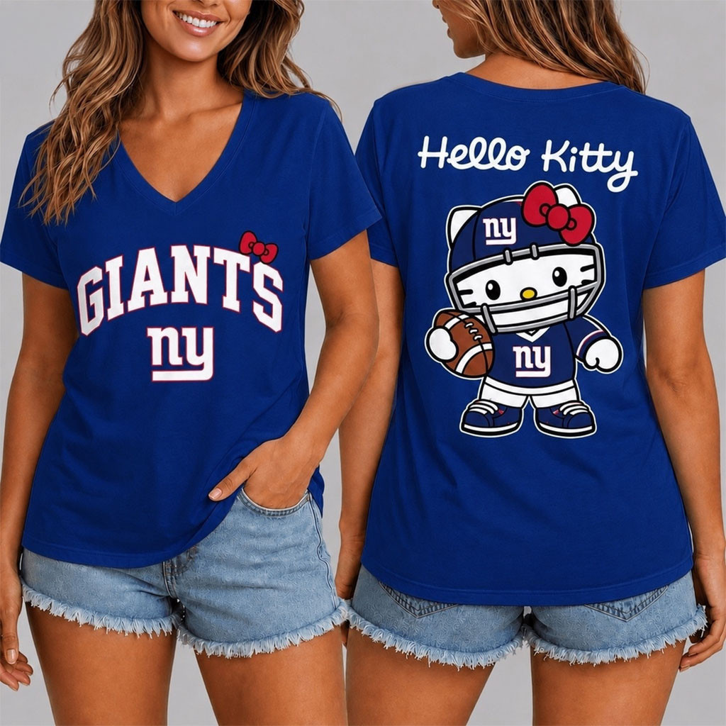 New York Giants X Hello Kitty V-Neck Shirt Game Day Outfits NY Giants Merch Football Fan Gear
