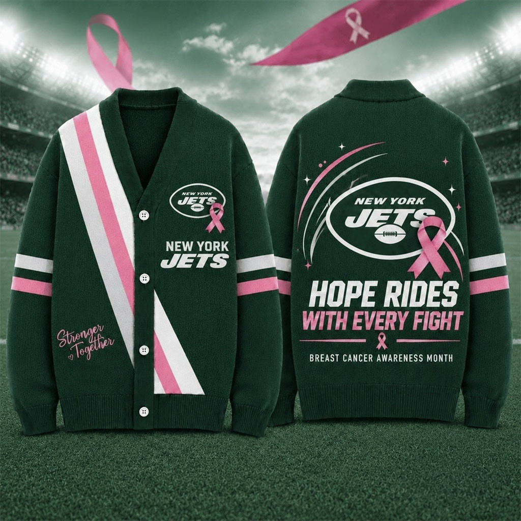 New York Jets Breast Cancer Hope Rides With Every Fight Cardigan NY Jets Merch Fan Gifts