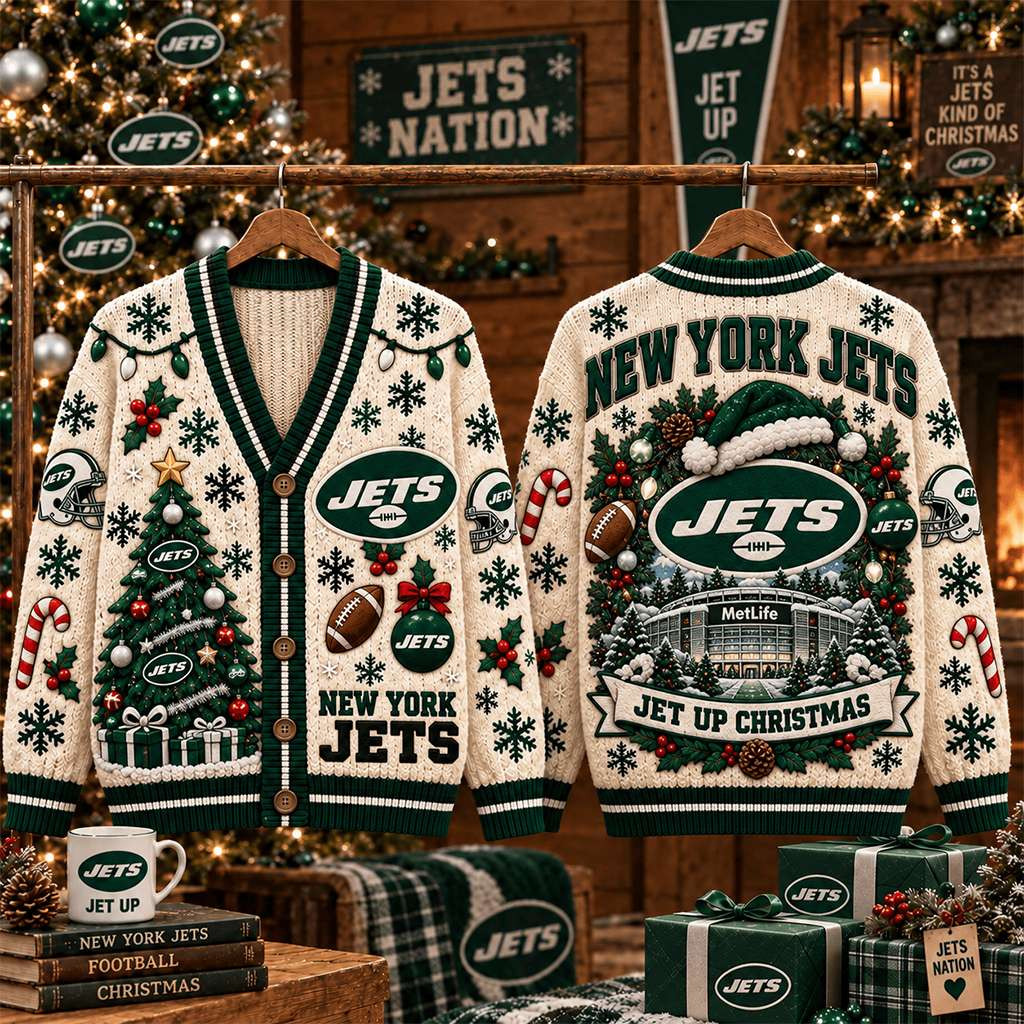 New York Jets Merch Jet Up Christmas Cardigan Cute Game Day Outfit Football Fan Gift Ideas