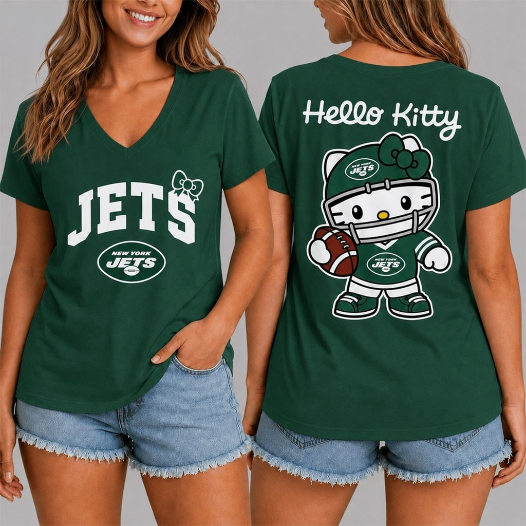 New York Jets X Hello Kitty V-Neck Shirt NY Jets Merch Best Gifts For Football Fans