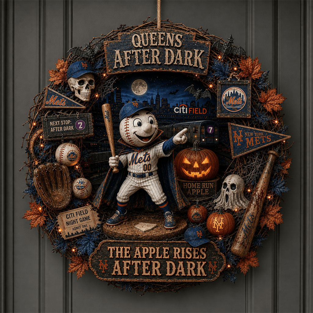 New York Mets Halloween Door Sign The Apple Rises After Dark Wreath NY Mets Merch Fan Gifts