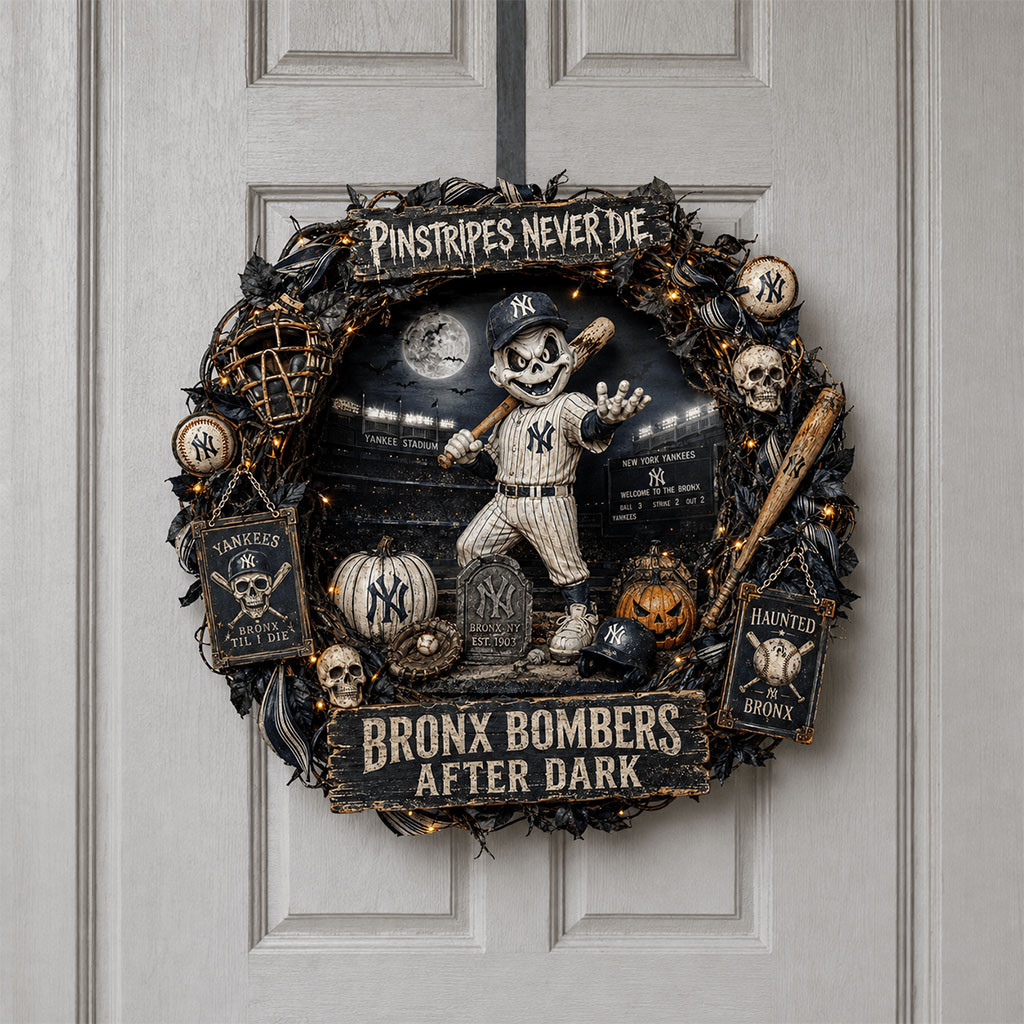 New York Yankees Halloween Door Sign Pinstripe Never Die Wreath NY Yankees Merch Fan Gifts