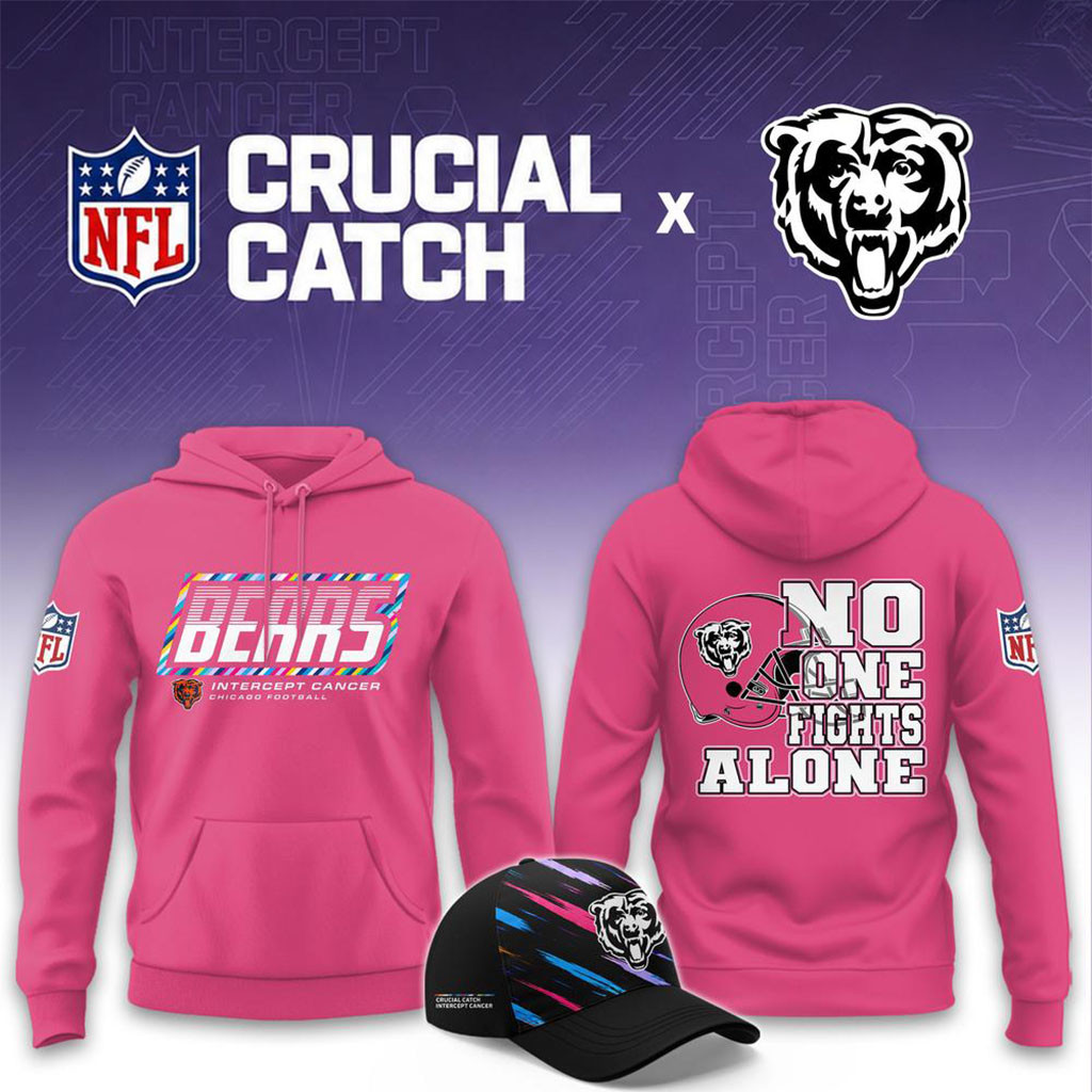 NFL Crucial Catch Merch 2026 Chicago Bears No One Fights Alone Pink Hoodie Football Lover Gifts