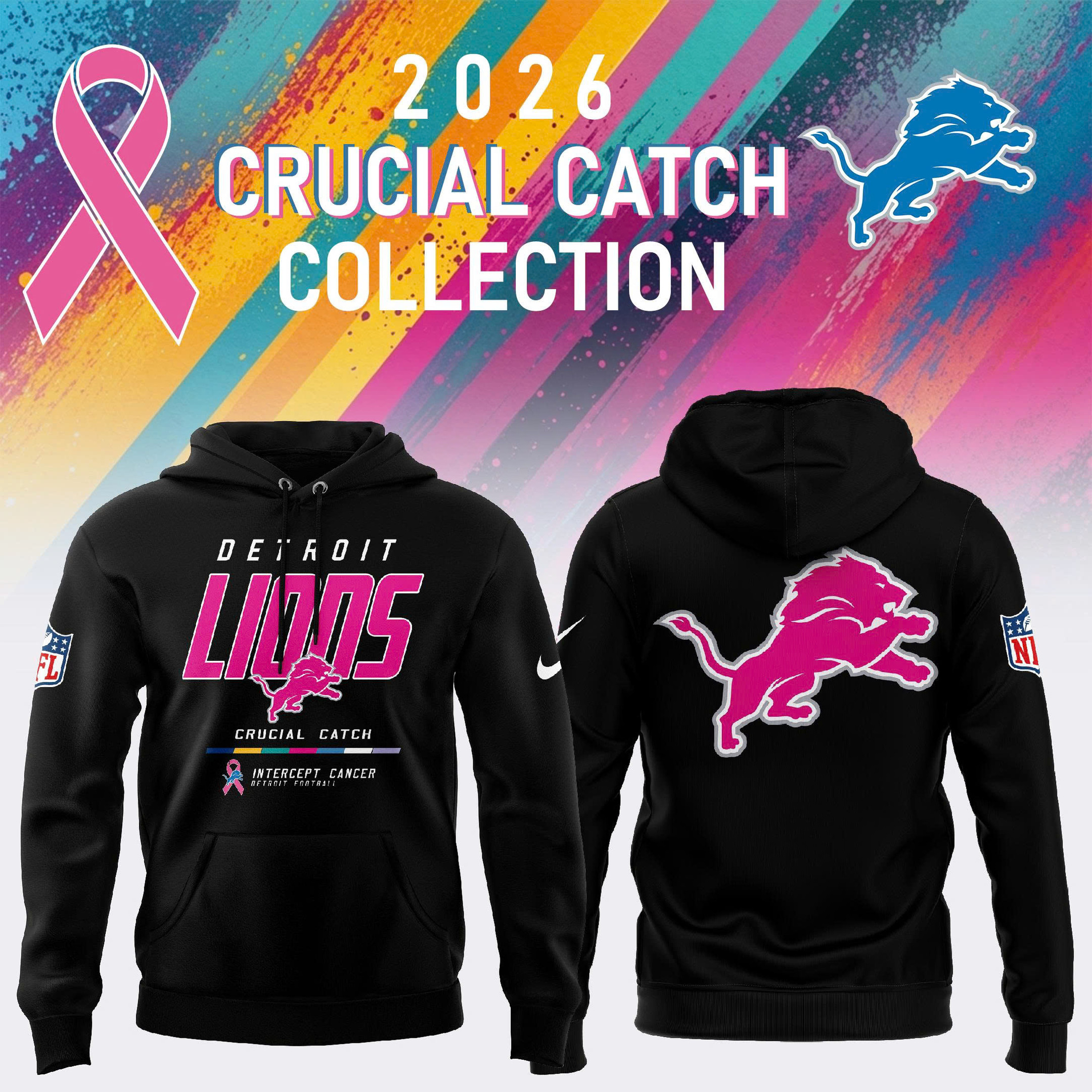 NFL Crucial Catch Merch 2026 Detroit Lions Crucial Catch Breast Cancer Hoodie Football Fan Gear