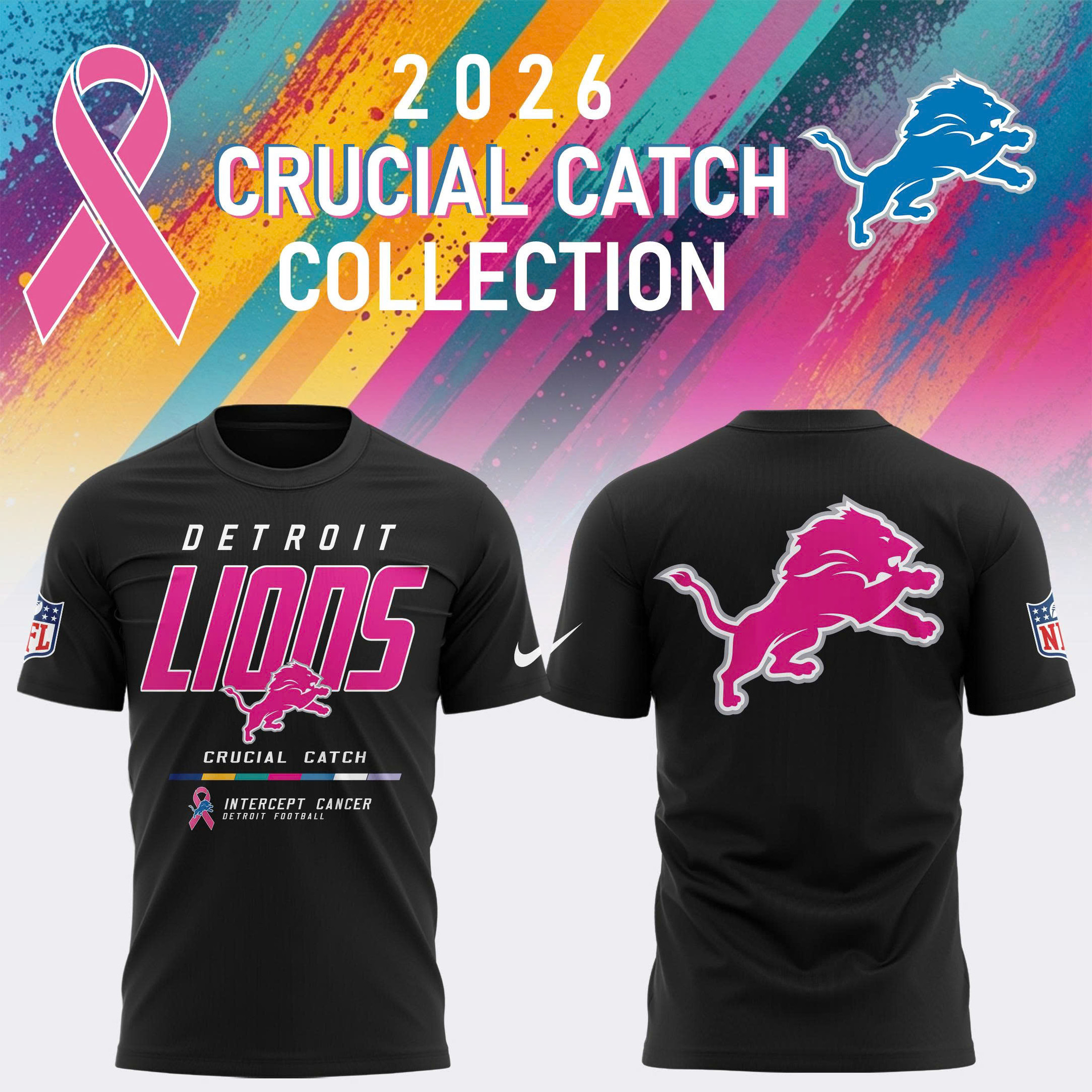 NFL Crucial Catch Merch 2026 Detroit Lions Crucial Catch Breast Cancer T-Shirt Game Day Gifts