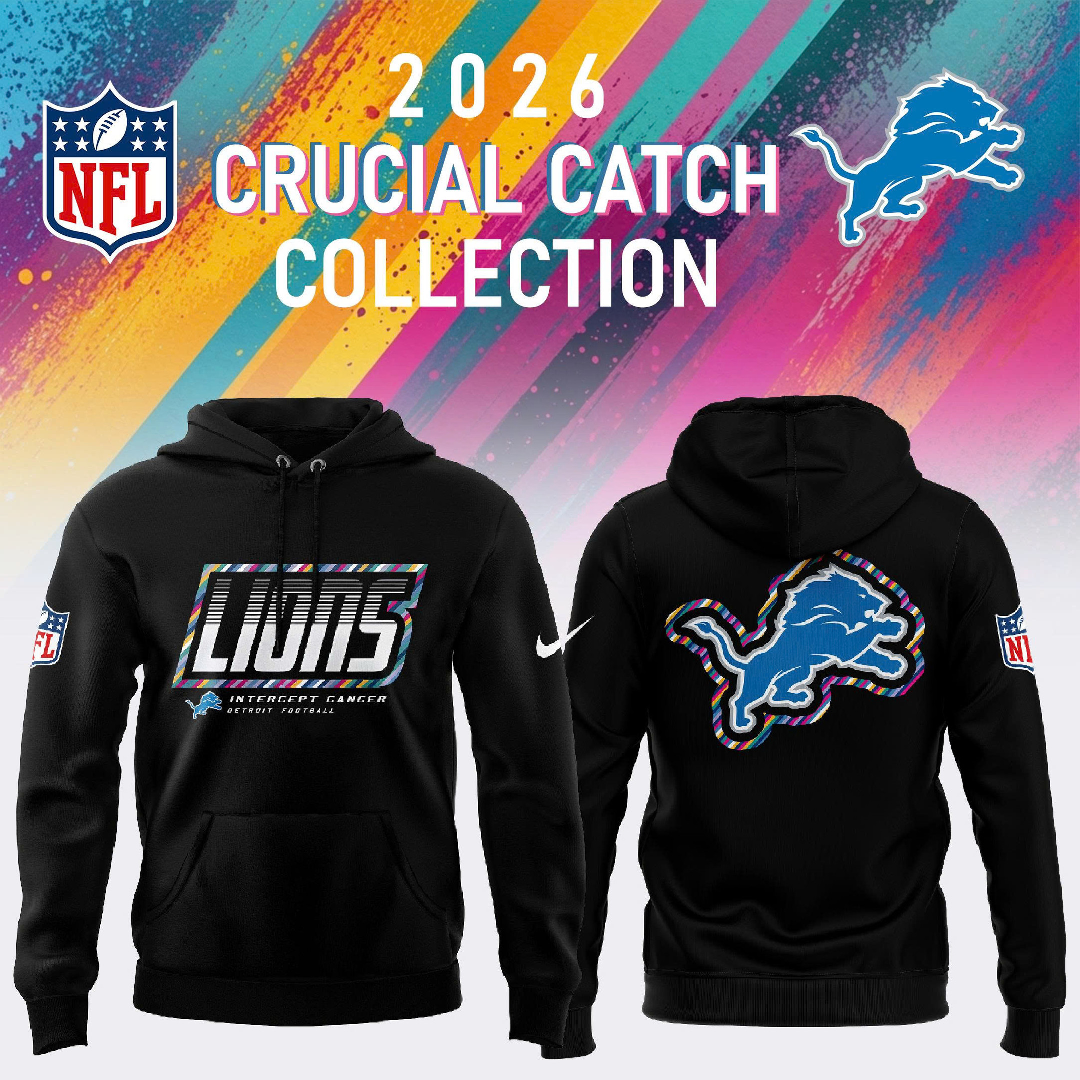 NFL Crucial Catch Merch 2026 Detroit Lions Crucial Catch Cancer Awareness Hoodie Black Fan Gift