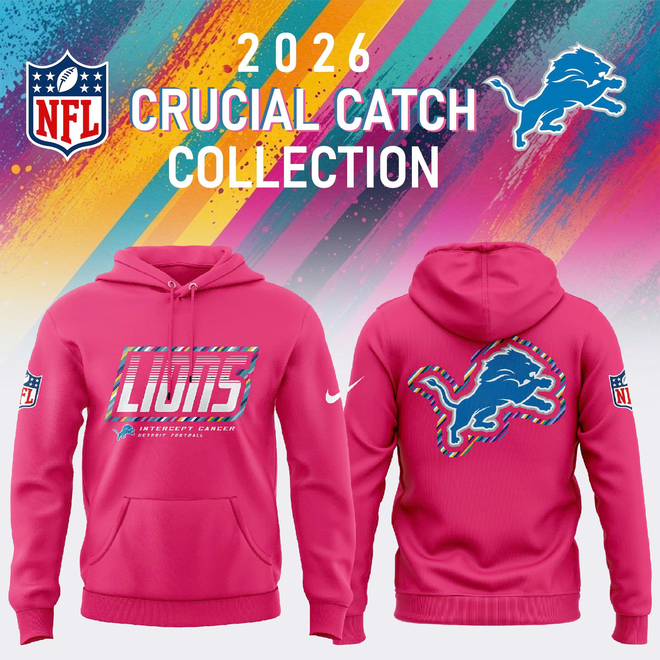 NFL Crucial Catch Merch 2026 Detroit Lions Crucial Catch Cancer Awareness Hoodie Gift For Fans