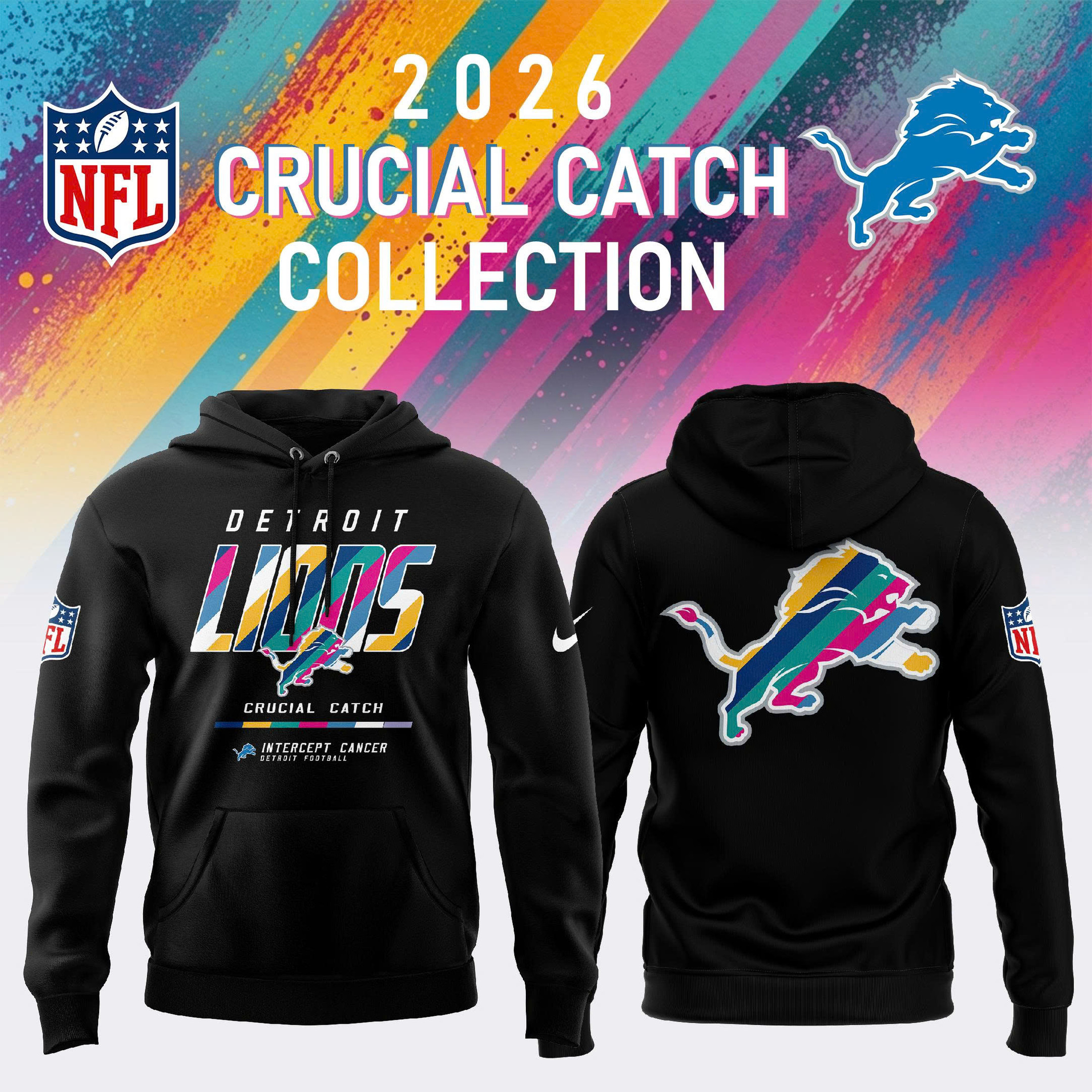 NFL Crucial Catch Merch 2026 Detroit Lions Crucial Catch Intercept Cancer Hoodie Black Fan Gear