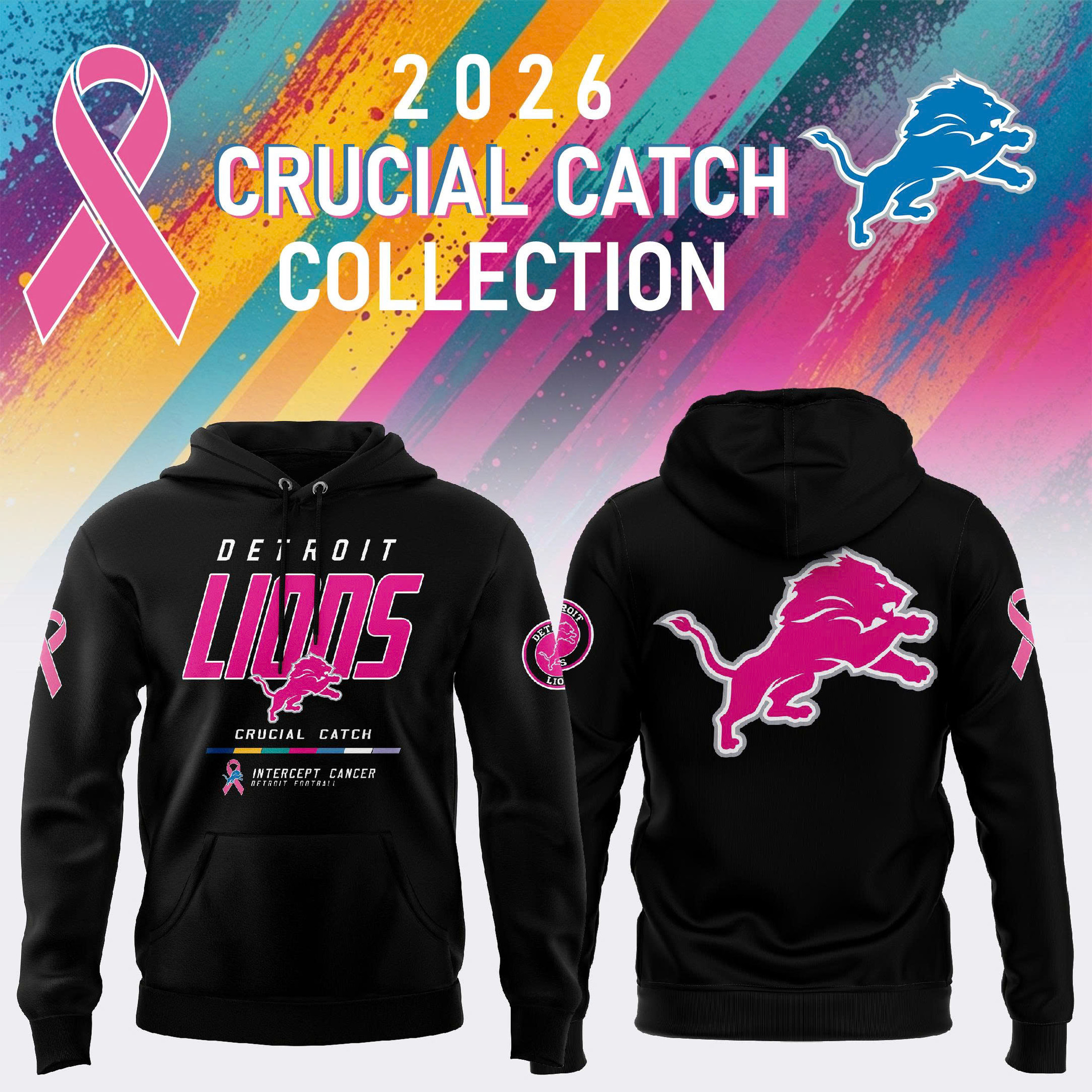 NFL Crucial Catch Merch 2026 Detroit Lions Crucial Catch Intercept Cancer Hoodie Black Gifts